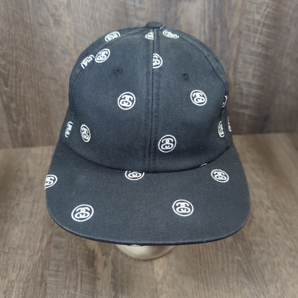 Stussy Logo SS Link All Over Embroidered SnapBack Black Hat Cap OSFA